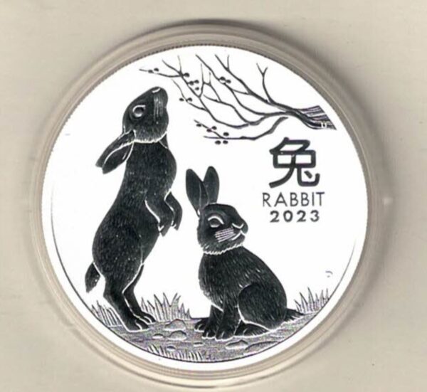 2023 Silver Australia One Ounce Rabbits. Elizabeth II is on the obverse, The two rabbits is on the reverse. The coin contains one ounce of 9999 fine silver.