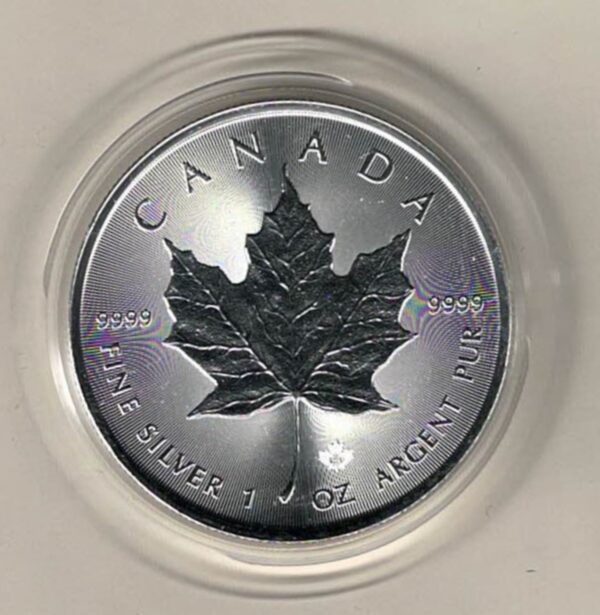 2023 Silver Canada One Ounce Maple. Elizabeth II is on the obverse, The Maple is on the reverse. The coin contains one ounce of 9999 fine silver.