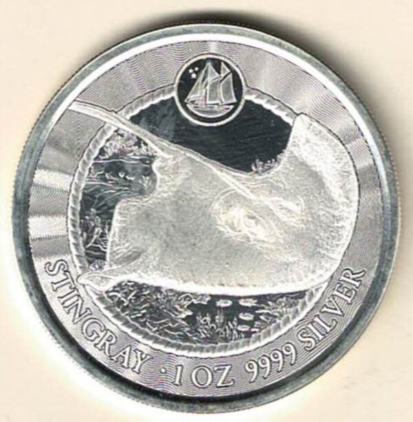 2023 Silver Cayman Islands One Ounce Stingray Swimming One Dollar coin. This coin contains one ounce of 9999 fine silver.