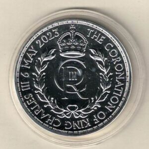 2023 Silver One Ounce Coronation coin featuring King Charles III on the Obverse. The personal Royal cypher symbol on the Reverse.