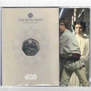 2023 Star Wars Cupro-nickel coin featuring Charles III on the Obverse and Star Wars 2023 Fifty Pence Luke Skywalker and Princess Leia on the Reverse.