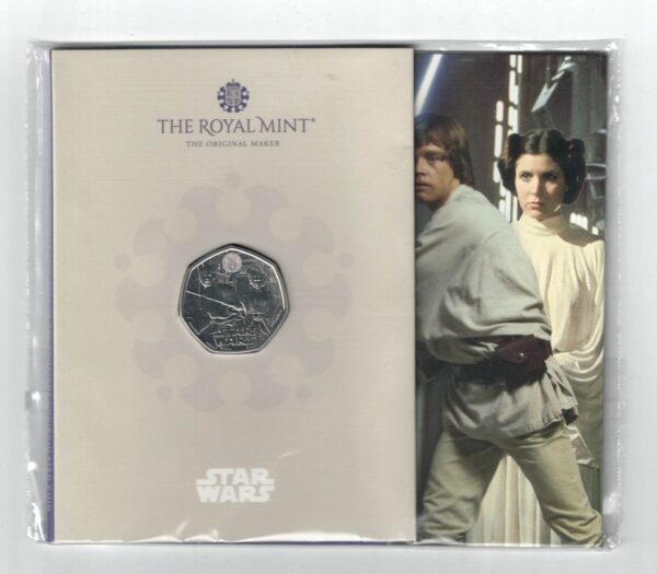 2023 Star Wars Cupro-nickel coin featuring Charles III on the Obverse and Star Wars 2023 Fifty Pence Luke Skywalker and Princess Leia on the Reverse.