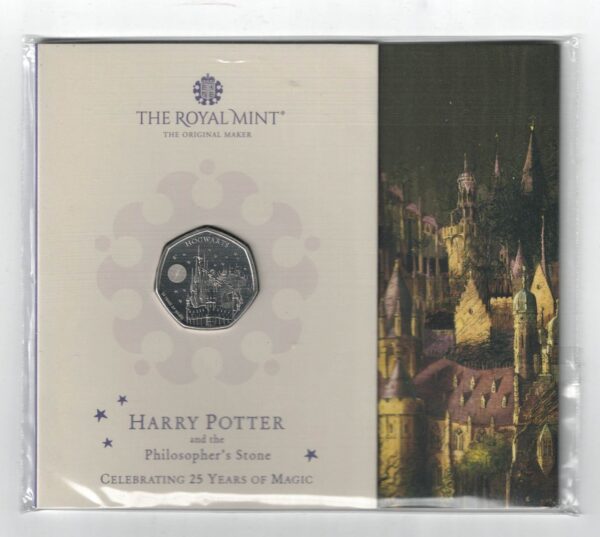 2023 Cupro-nickel Fifty Pence coin featuring King Charles II on the Obverse and Harry Potter Hogwarts School on the Reverse.