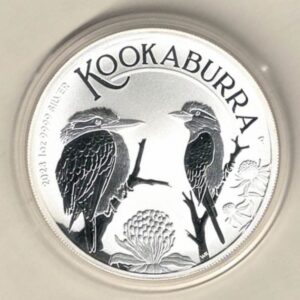 2023 Silver Australia One Ounce Kookaburra Elizabeth II is on the obverse, 2 Kookaburras are on the reverse. The coin contains one ounce of 9999 fine silver