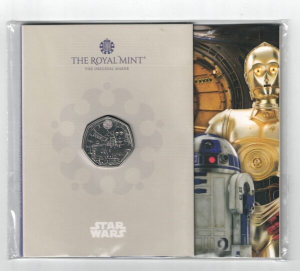 2023 R2 D2 And C-3PO Cupro-nickel coin featuring Charles III on the Obverse and Star Wars R2 D2 And C-3PO on the Reverse.