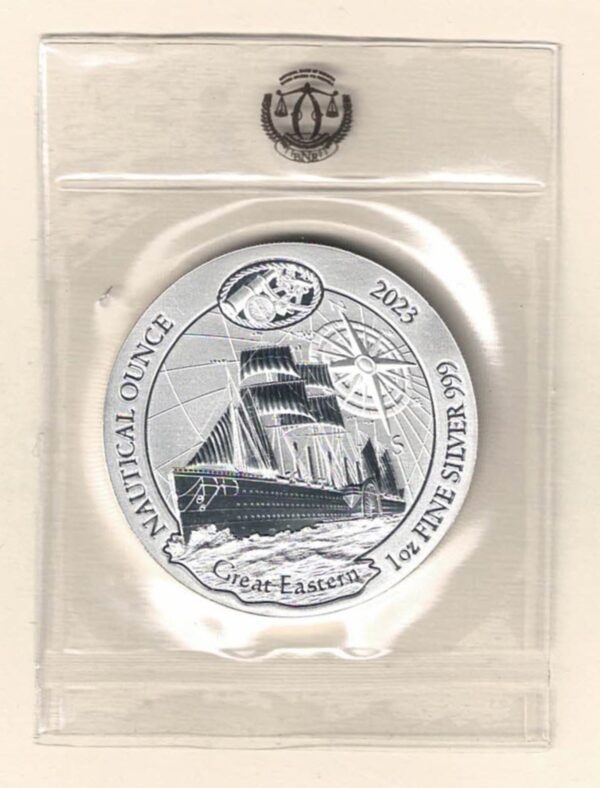 2023 Silver Rwanda One Ounce the Great Eastern. This coin does feature the great eastern. The coin contains one ounce of 999 fine silver.