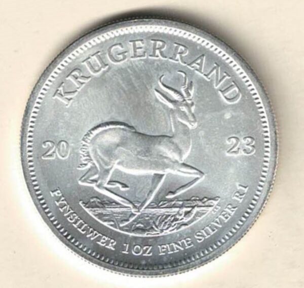 2023 Silver South Africa One Ounce Krugerrand. Paul Kruger is on the obverse. The coin contains one ounce of 999 fine silver