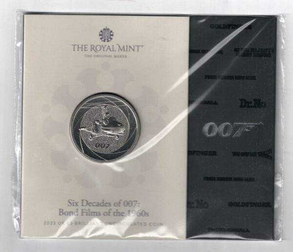 2023 Five Pounds James Bond 007 Cupro-nickel coin featuring King Charles III on the Obverse and Back with a helicopter on the reverse.