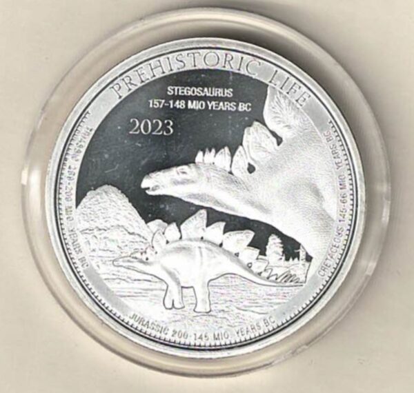 2023 Silver Congo One Ounce Stegosaurus. This Coin does feature two Stegosaurus The coin contains one ounce of 999 fine silver.