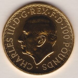 2023 Gold One Ounce Britannia coin featuring King Charles III on the Obverse. The standing figure of Britannia on the Reverse.