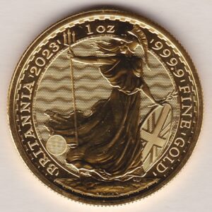 2023 Gold One Ounce Britannia coin featuring King Charles III on the Obverse. The standing figure of Britannia on the Reverse.