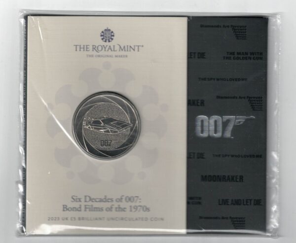 2023 Five Pounds James Bond 007 Cupro-nickel coin featuring King Charles III on the Obverse and Back with a new chapter on the reverse.