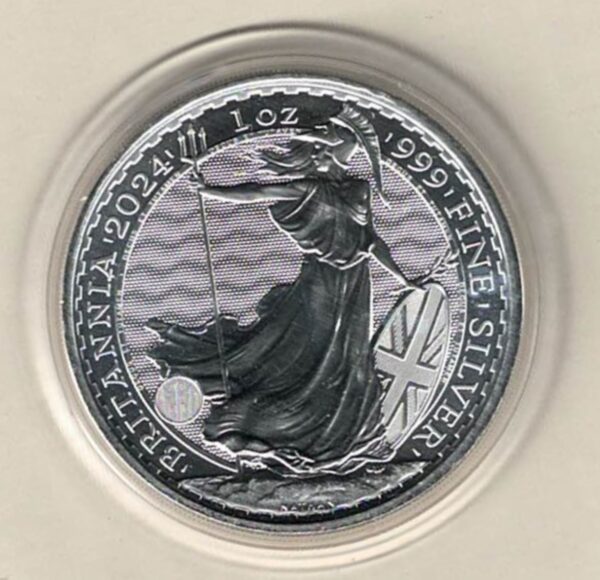 2024 Silver Britannia One Ounce Coin. The portrait of King Charles III is on the obverse. The coin contains one ounce of 999 fine silver.