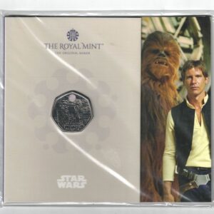 2024 Star Wars Cupro-nickel coin featuring Charles III on the Obverse and Han Solo and Chewbacca on the Reverse side of the coin.