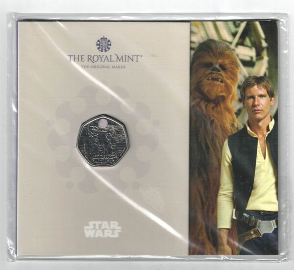 2024 Star Wars Cupro-nickel coin featuring Charles III on the Obverse and Han Solo and Chewbacca on the Reverse side of the coin.