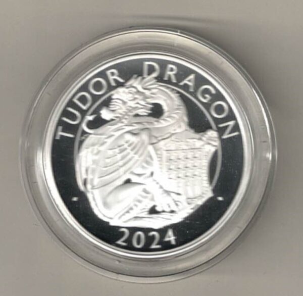 2024 Silver Proof One Ounce Tudor Dragon. The coin contains one ounce of 999 fine silver. All of our silver coins are in stock.