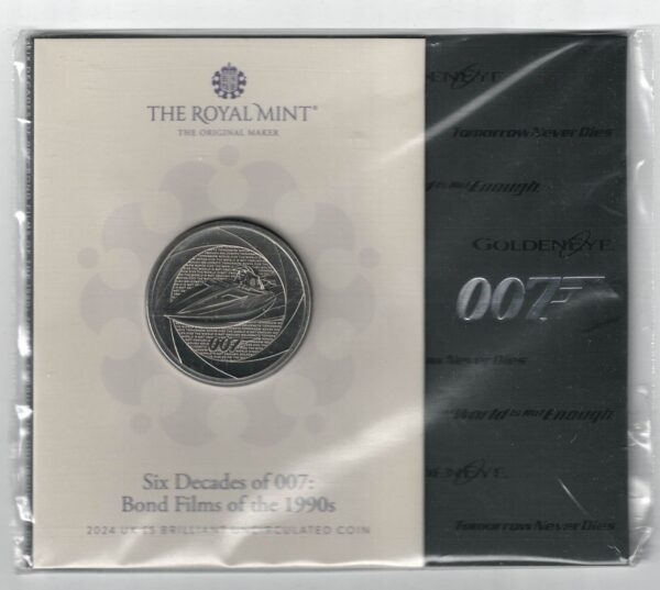 2024 Five Pounds James Bond 007 Cupro-nickel coin featuring King Charles III on the Obverse and Back with a Vengeance on the reverse.