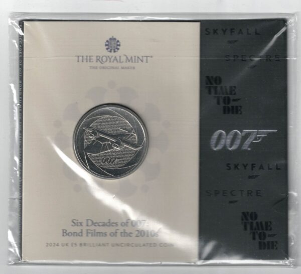 2024 Five Pounds James Bond 007 Cupro-nickel coin featuring King Charles III on the Obverse and Back with forging a legacy plane on the reverse