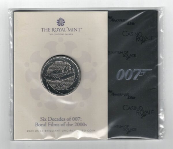 2024 Five Pounds James Bond 007 Cupro-nickel coin featuring King Charles III on the Obverse and Back with Millennium Man Hovercraft reverse.