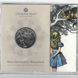 2021 Five Pounds Alice's Adventures In Wonderland cupro nickel coin featuring Queen Elizabeth II on the Obverse and Alice in Wonderland on the Reverse.