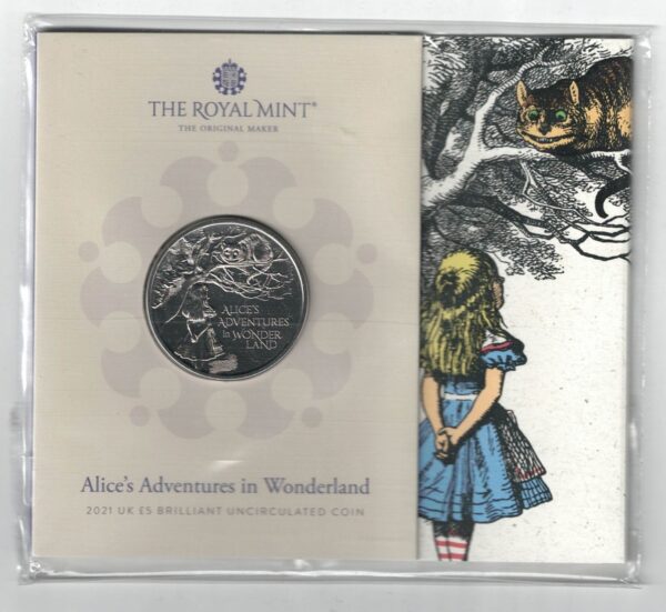 2021 Five Pounds Alice's Adventures In Wonderland cupro nickel coin featuring Queen Elizabeth II on the Obverse and Alice in Wonderland on the Reverse.