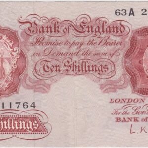 B272 O'Brien 63A Ten Shillings banknote. Replacement banknote. Britannia obverse. Denomination within leaf designs on the reverse.