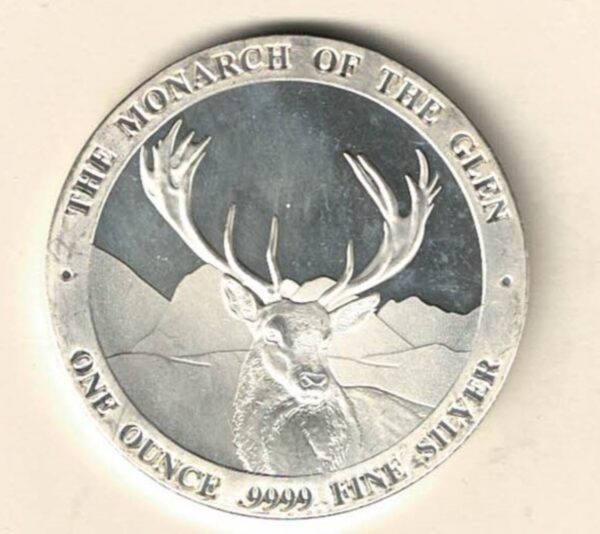 Baird & Co Silver One Ounce Monarch Of The Glen . This round does feature the Monarch of the Glen The round contains one ounce of .9999 fine silver.