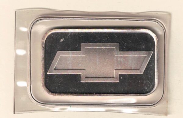 One Ounce Silver Bar Chevrolet Badge. All of our silver bars have been pre-owned and are in stock. This bar contains one ounce of 999 fine Silver.