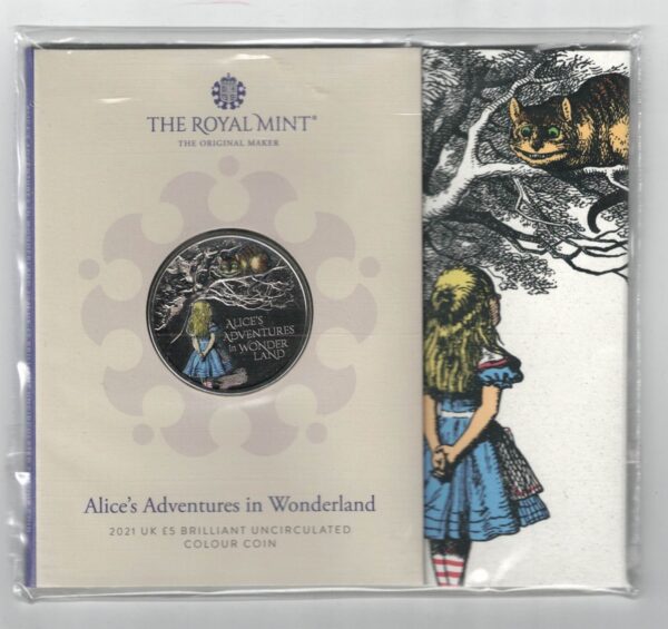 2021 Colourised Five Pounds Alice's Adventures In Wonderland coin featuring Queen Elizabeth II on the Obverse and Alice in Wonderland on the Reverse.