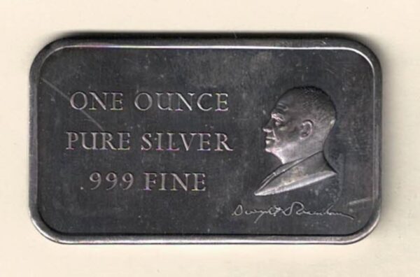 One Ounce Silver Bar Eisenhower. All of our silver bars have been pre-owned and are in stock. This bar contains one ounce of 999 fine Silver.