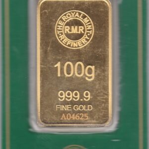 One Hundred Gram Gold Bar from the Royal Mint. This bar contains 100 grams of 999.9 fine gold and comes presented in a plastic credit card sized packet.