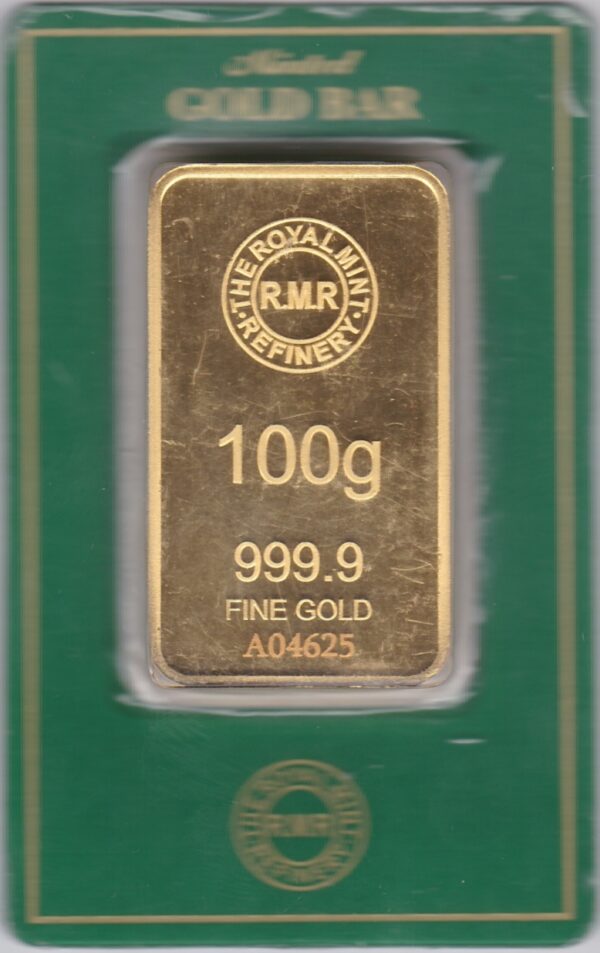 One Hundred Gram Gold Bar from the Royal Mint. This bar contains 100 grams of 999.9 fine gold and comes presented in a plastic credit card sized packet.