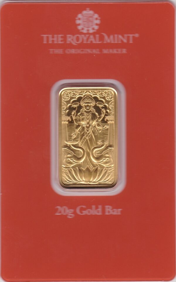 Lakshmi Twenty Gram Gold Bar from the Royal Mint. This bar contains 20 grams of 999.9 fine gold and comes presented in a plastic credit card sized packet.