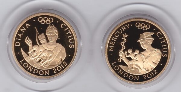 London 2012 Gold Proof Quarter Ounce Coin Set - Citius. These two coins come as issued by the royal mint boxed with individually numbered certificates.