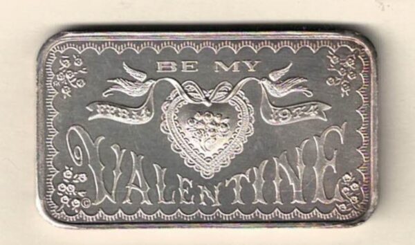 One Ounce Silver Bar Valentine. All of our silver bars have been pre-owned and are in stock. This bar contains one ounce of 999 fine Silver.