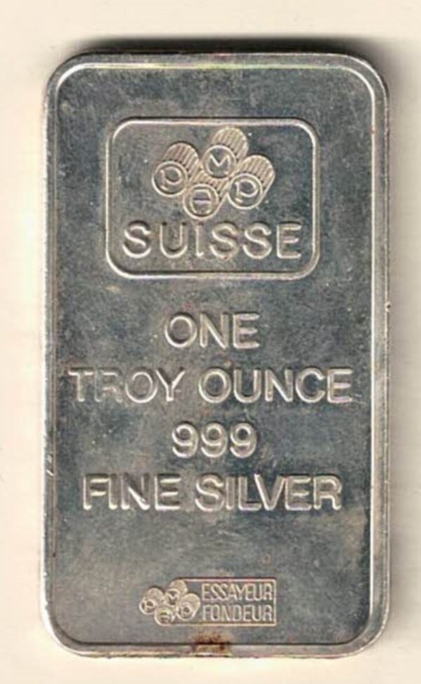 One Ounce Silver Bar Pamp Suisse Mecca. All of our silver bars have been pre-owned and are in stock. This bar contains one ounce of 999 fine Silver.