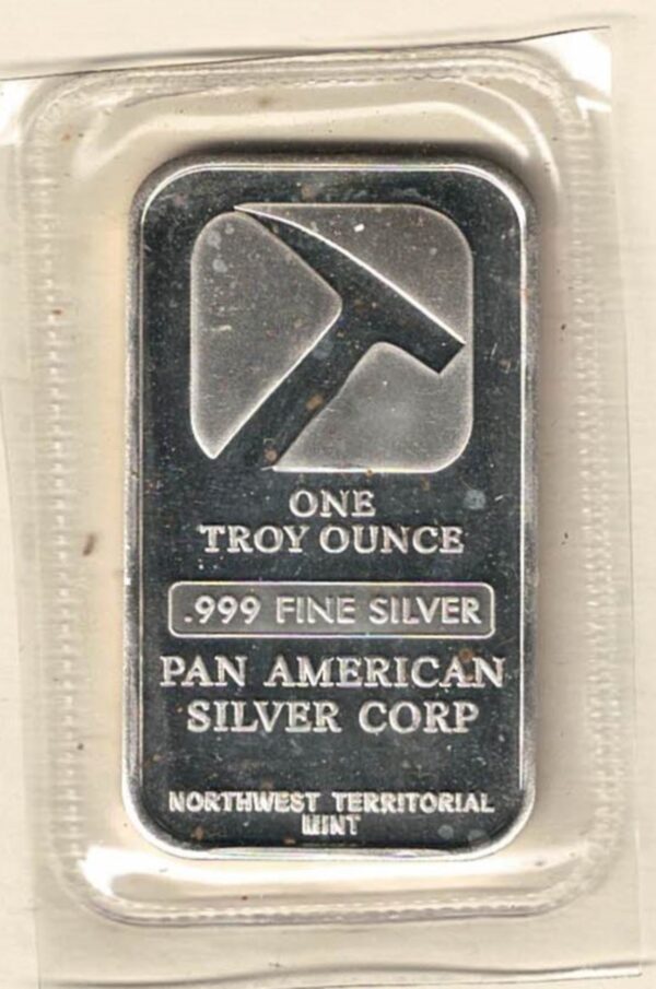 One Ounce Silver Bar Pan American. All of our silver bars have been pre-owned and are in stock. This bar contains one ounce of 999 fine Silver.