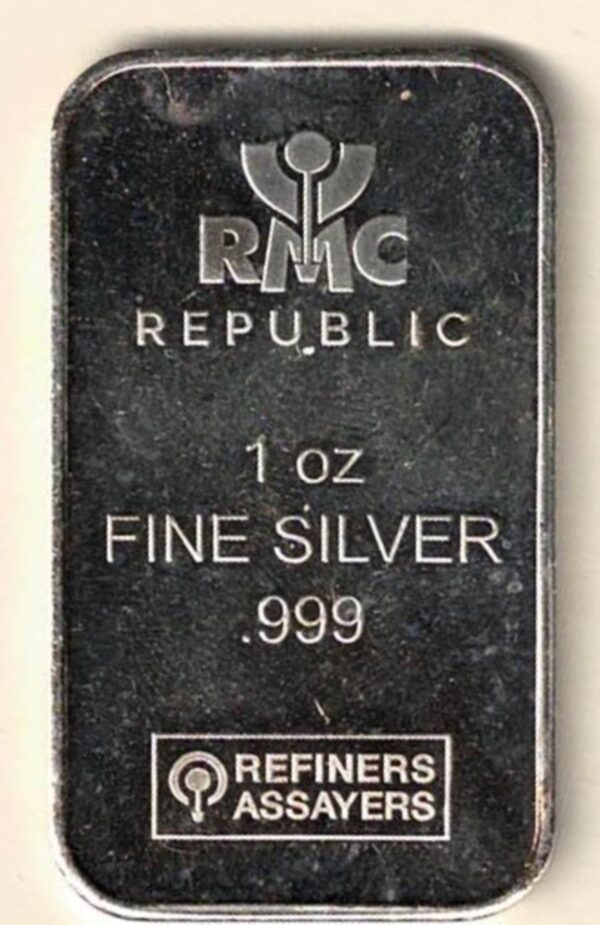 One Ounce Silver Bar RMC Republic. All of our silver bars have been pre-owned and are in stock. This bar contains one ounce of 999 fine Silver.