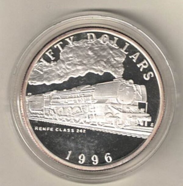 1996 Silver Marshall Islands One Ounce Renfe Class 242 Train. This coin does feature a train. This coin contains one ounce of 999 fine silver.