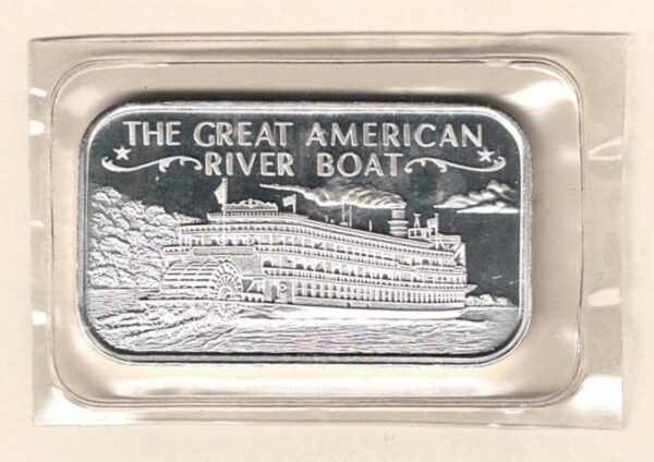 One Ounce Silver Bar River boat. All of our silver bars have been pre-owned and are in stock. This bar contains one ounce of 999 fine Silver.