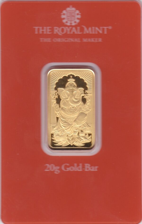 Ganesh Twenty Gram Gold Bar from the Royal Mint. This bar contains 20 grams of 999.9 fine gold and comes presented in a plastic credit card sized packet.