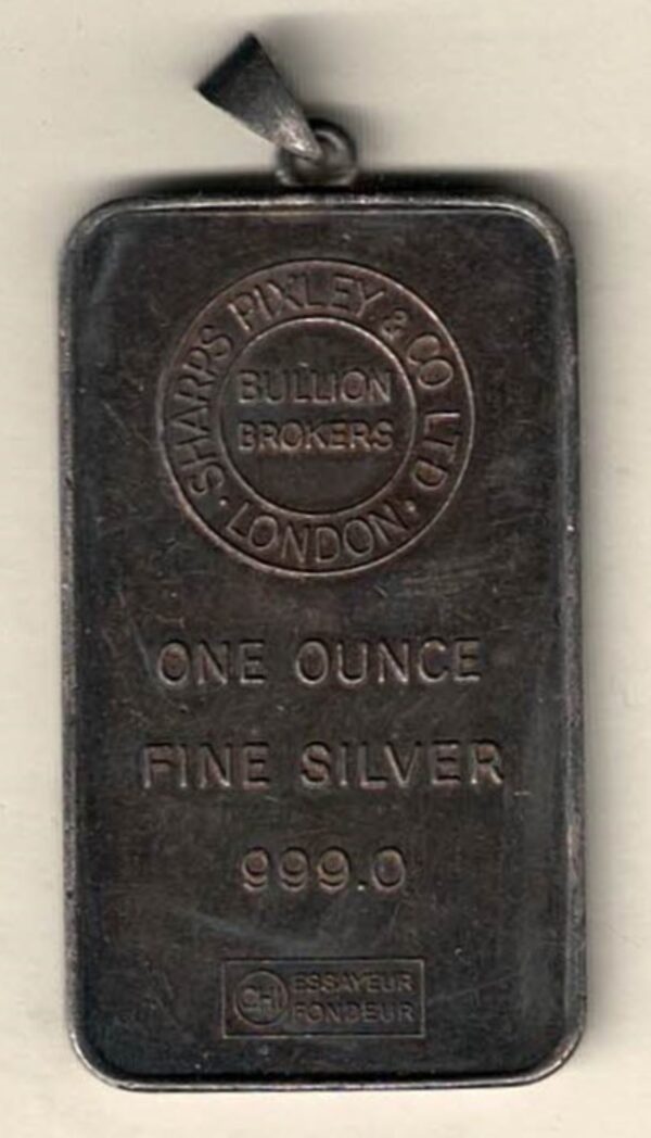 One Ounce Silver Bar Sharps & Pixley. All of our silver bars have been pre-owned and are in stock. This bar contains one ounce of 999 fine Silver.