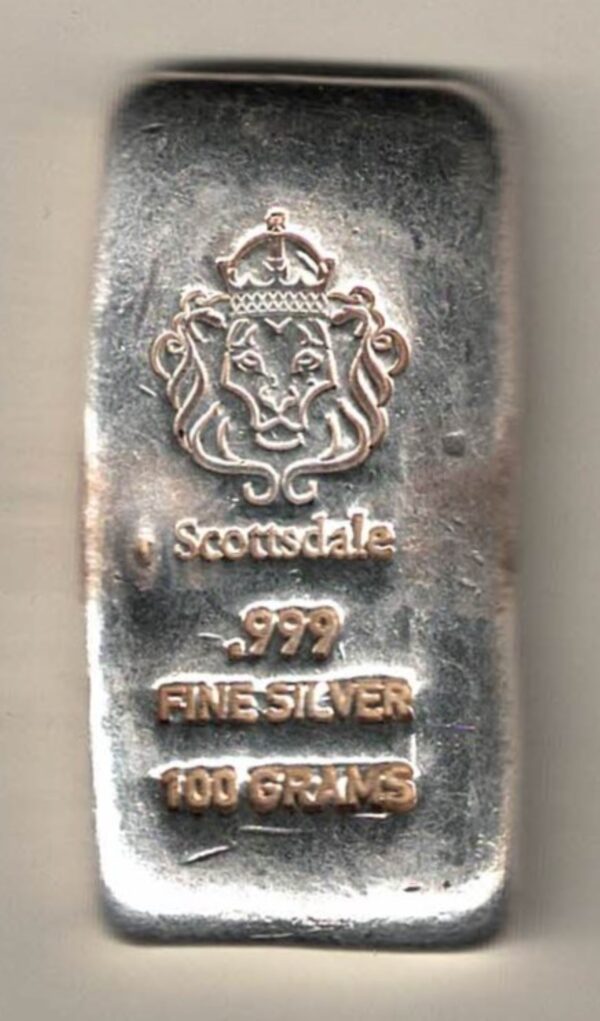 100 Gram fine silver Bar minted by Scottsdale Mint All of our silver bars have been pre-owned and are in stock for despatch.