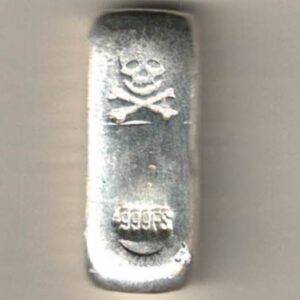 One Ounce Silver Bar Skull and Crossbones All of our silver bars have been pre-owned and are in stock. This bar contains one ounce of 999 fine Silver.