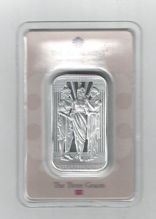 One Ounce Silver Bar Royal Mint Three Graces. All of our silver bars have been pre-owned and are in stock. This bar contains one ounce of 999 fine Silver.