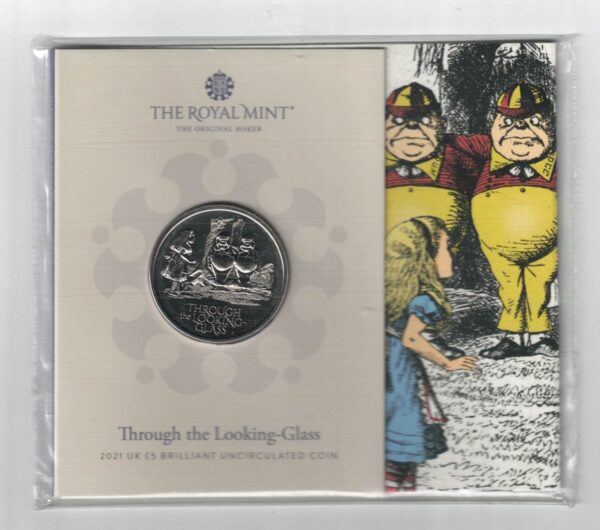 2021 Five Pounds Through The Looking Glass cupro nickel coin featuring Queen Elizabeth II on the Obverse and Through The Looking Glass on the Reverse.