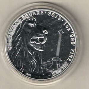 2018 Silver One Ounce Coin Trafalgar Square. The portrait of Queen Elizabeth II is on the obverse. The coin contains one ounce of 999 fine silver.