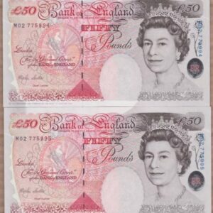Two Consecutive B385 Lowther Fifty Pound Banknotes. Queen Elizabeth II and Britannia on the obverse. Sir John Houblon on the reverse.