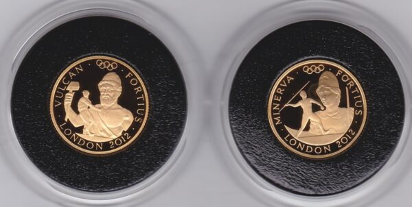 London 2012 Gold Proof Quarter Ounce Coin Set. These two coins come as issued by the royal mint boxed with individually numbered certificates.