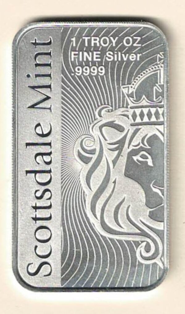 One Ounce Silver Bar Scottsdale Mint. All of our silver bars have been pre-owned and are in stock. This bar contains one ounce of 9999 fine Silver.